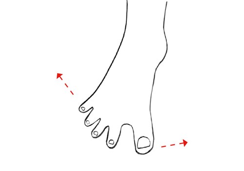Spred tæerne så meget som muligt