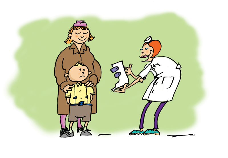 Tegning - Peter får en fodkapsel af bandagisten Sara