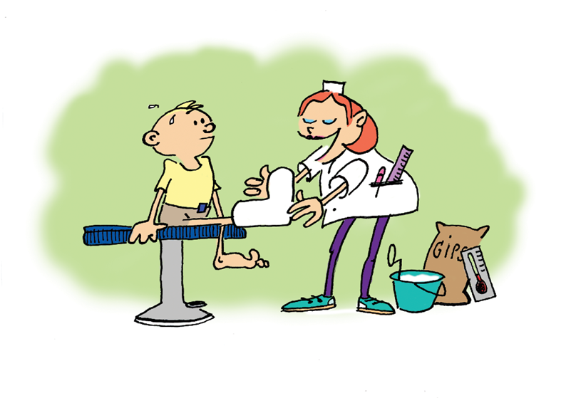 Tegning - Peter får klippet gipsen af hos bandagisten Sara