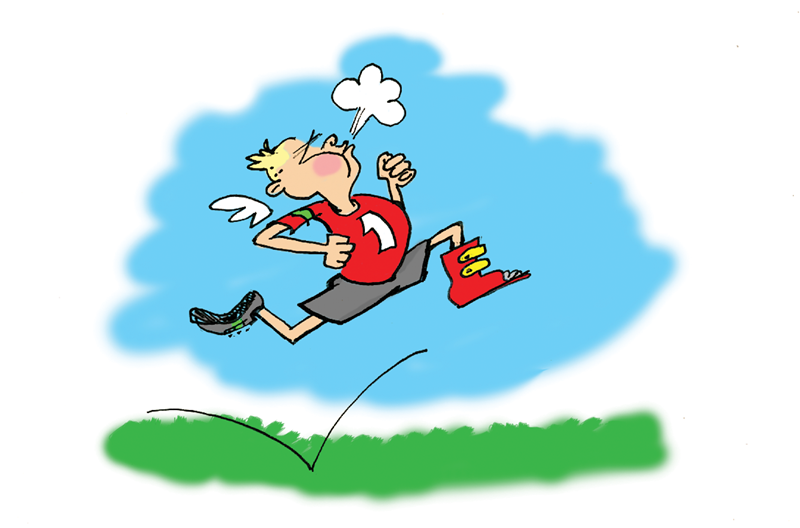 Tegning - Peter løber med sin nye fodkapsel