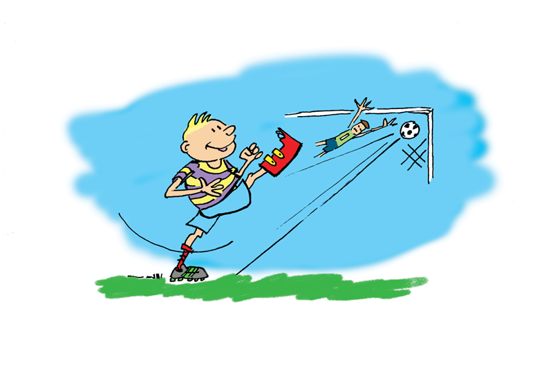 Tegning - Peter øver sig og kan igen spille fodbold og løbe stærkt