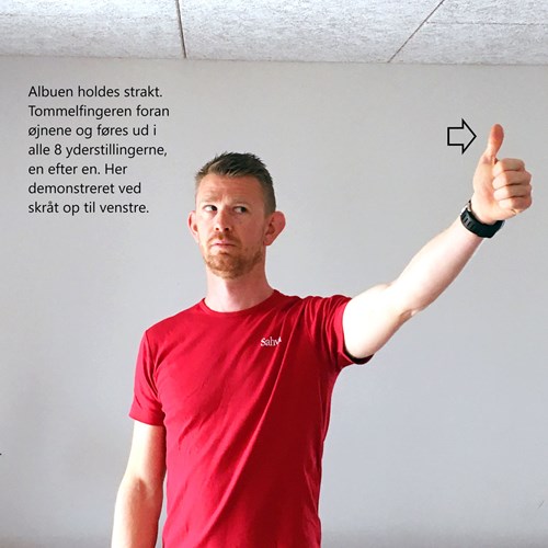 Start med din tommelfinger lige foran øjnene med strakt arm og før den ud til alle otte yderstillinger, en efter en. Forsøg at få øjnene til at følge tommelfingeren i en rolig og kontrolleret bevægelse (der ikke hakker).