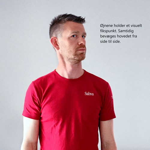 Find et visuelt fikspunkt lidt længere væk (5-15 meter). Hold det visuelle fikspunkt og bevæg hovedet fra side til side.