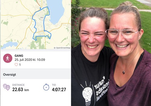 Marianne og hendes veninde efter at have gennemført et halvmaraton med en Bioness Go